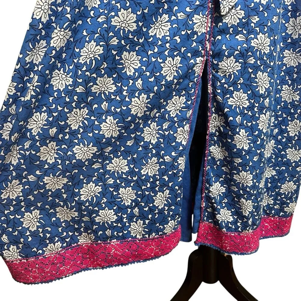 J.Crew Boho Midi Dress Small |‎ Blue Pink Floral Embroidered Tassel Cottagecore